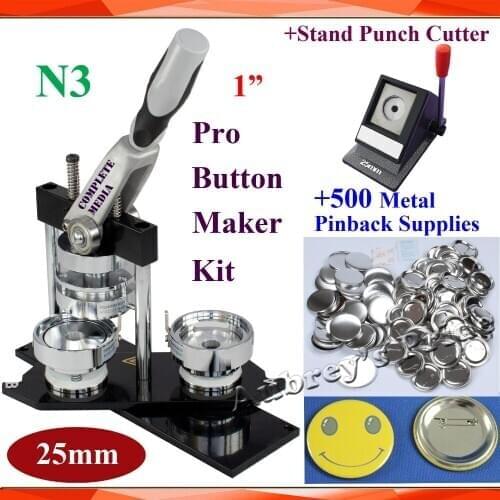 NEW Pro N3 All Steel 1" 25mm Badge Button Maker Machine + Stand Punch Die Cutter+500 Sets Metal Pinback Button Supplies