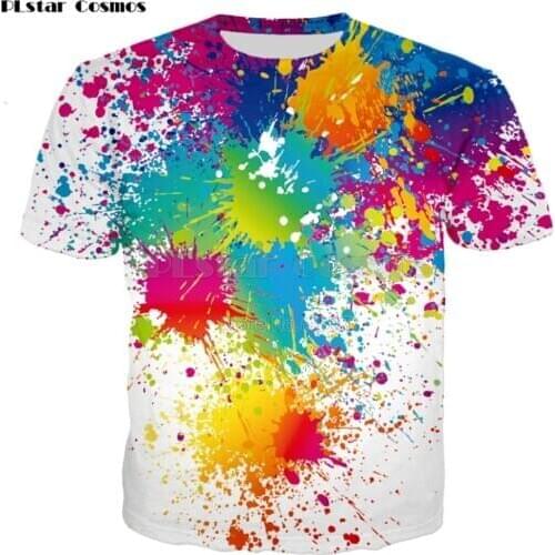 PLstar Cosmos Drop shipping Rainbow Paint Splatter Print T-shirt 2018 summer Men Women Hipster 3D t shirt Street Harajuku Tees
