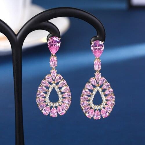 Luxury Wedding Bridal Earrings 925 Silver Pink Crystal Dangle Jewelry Brand Earings Cubic Zirconia Fashion Jewellery