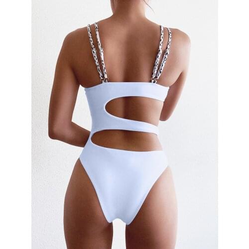 Sexy Solid White One Piece Swimsuit Women Hollow Out V Neck Sheer Monokini Female See Through Bathing Suit Backless Swimwear