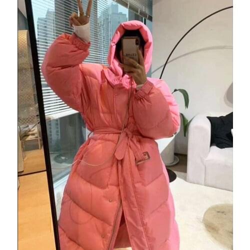 Nowsaa Korean Belt Long Knee Down Jacket Women Parka Coat Casual Waist Bread Spring Autumn Winter Thick Warm Simple Outwear