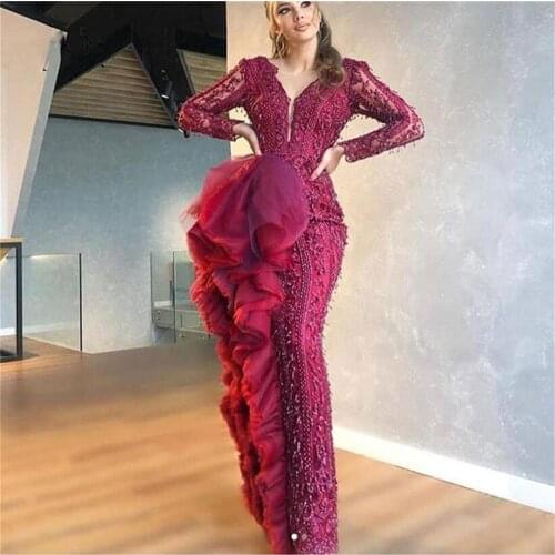 Dark Red Mermaid Evening Dresses Ruffles B Neck Beads Appliques Lace African Dubai Prom Dress Plus Size vestido de festa