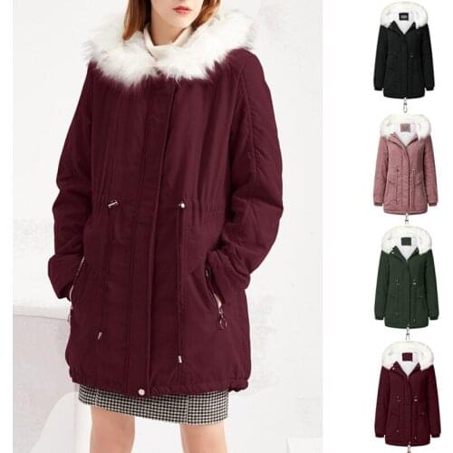 Warm Ladies Jacket Plush Hooded Zipper Parkas Long Cotton Overcoat Pure Wine Red Pocket Windbreaker Women Fashion Thick Outwear