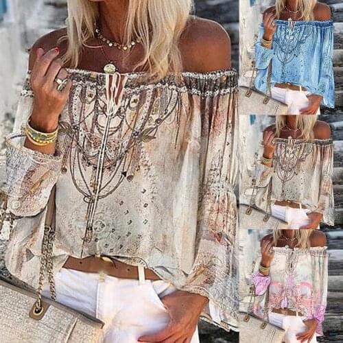 2020 Blouses Women Long Sleeve Off Shoulder Floral Print Hollow Out Lace Up Blouse Shirt Top Womens Clothing блузка женская