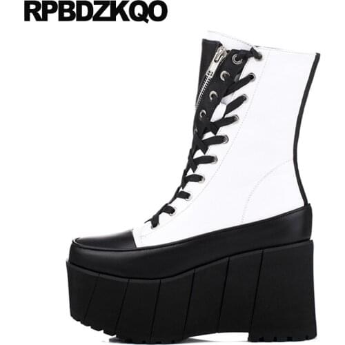 Chunky Luxury Brand Shoes Women Black And White Designer Boots Big Size Block Platform Real Leather Ankle Lace Up Plus High Heel
