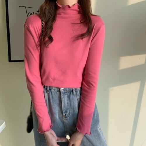 Women Casual Long Sleeve T-Shirts Female Bottoming Tops Autumn Winter Half High Collar T-shirt