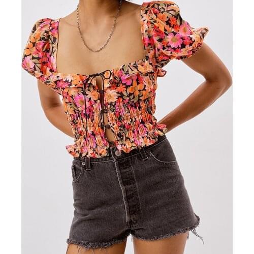 YENKYE Tropical Print Elastic Crop Top Women Sexy Square Neck Short Sleeve Holiday Summer Tops Fashion Blouse