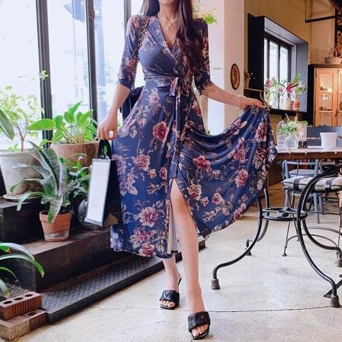 2021 Elegant Slim Temperament Lace-up Short Sleeve V-neck Waist One Piece Bodycon Dress Womens Beach Wrap Print Sheath Dress