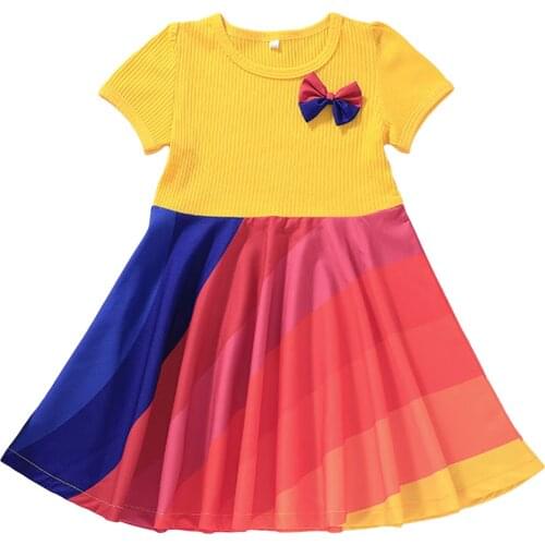 Girls Summer Casual Short Sleeve Dress Fashion Rainbow Round Neck A-line Short Dress