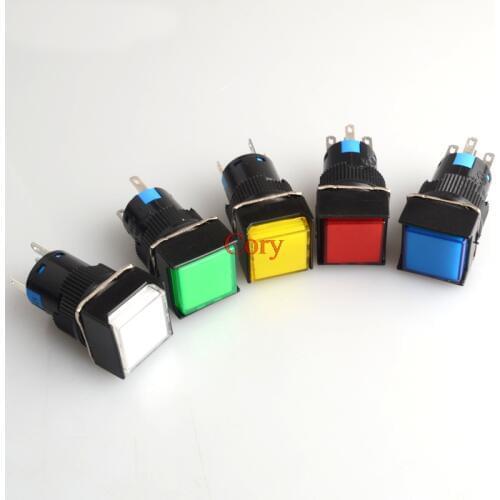 1PC 16mm Panel Mount Red/Green/White/Blue/Orange Lamp Momentary/Maintained Square Push Button Switch 6V/12V/24V/220V
