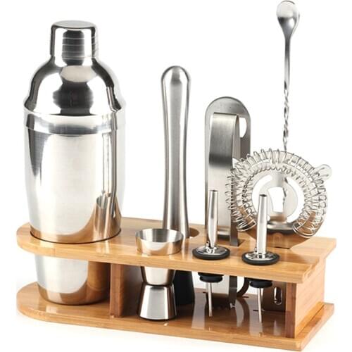 10pcs Stainless Steel Cocktail Shaker Mixer Wine Martini Shaker Set with Wooden Rack for Bartender Drink Party Bar Tools