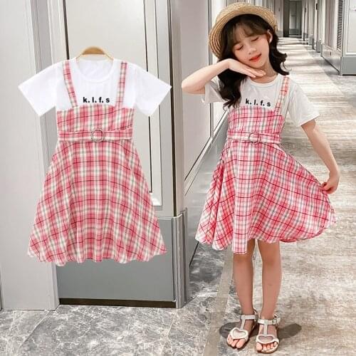 2021 Spring Summer Girl Dress Cotton Short Sleeve Children Plaid Print Fake Two Pieces Dresses Girls Fashion Princess Clothing