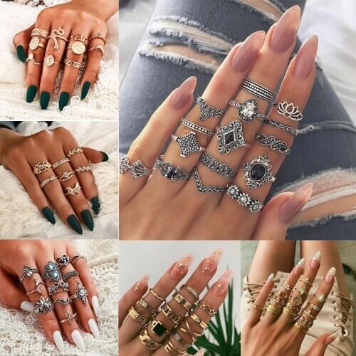 42 Style Rings Set Bohemian Vintage Gold Crescent Geometric Joint Ring Set for Women Crystal Design Ring Set Party Jewelry