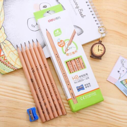 6 pieces / box Deli 58124 children HB thick triangle senior log student DIY name pencil with pencil sharpener, office stationery