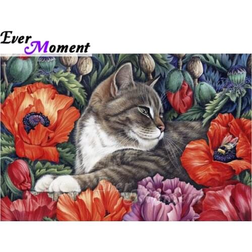 Ever Moment Diamond Painting Cat Flowers Full Square Decoration For Home Picture Of Rhinestone Mosaic Diamond Embroidery ASF1912