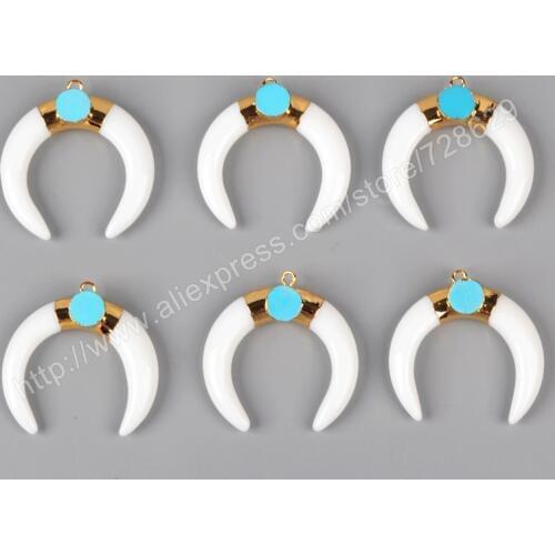 BOROSA 5Pcs/lot New Arrival Gold Color White Crystal Crescent Double Horn Charm With 8mm Blue Stone for Pendants G0937