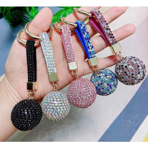 Multicolor Rhinestone Crystal Ball Car Keychain Leather Strap Charm Pendant Key Ring Women Men Car Key Chains Fashion Jewelry