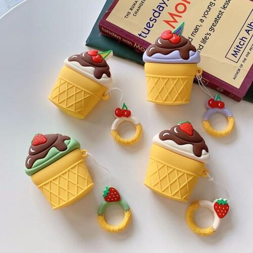 For AirPods Case 3D Cute Cherry Strawberry Ice Cream Headphone Cover Finger Ring Strap Case Bluetooth Wireless Earphone Box Bags