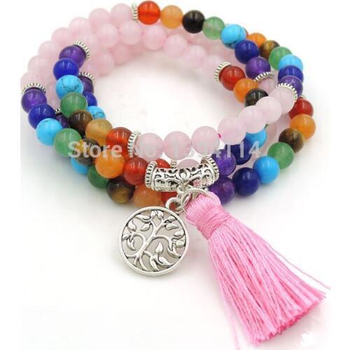 Tree Life 6mm Pink Quartz Crystal And 7 Chakra Balance Combination 108 Beads Beaded Bracelet Necklace