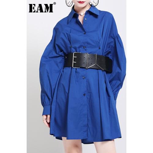 [EAM] Women Blue Button Irregular Big Size Dress New Lapel Long Sleeve Loose Fit Fashion Tide Spring Autumn 2021 1DB660