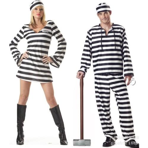 Classic Black White Stripe Prisoner Costume For Women lovers Men Clothes Jailbird Disguise Cosplay Costume For Halloween Party