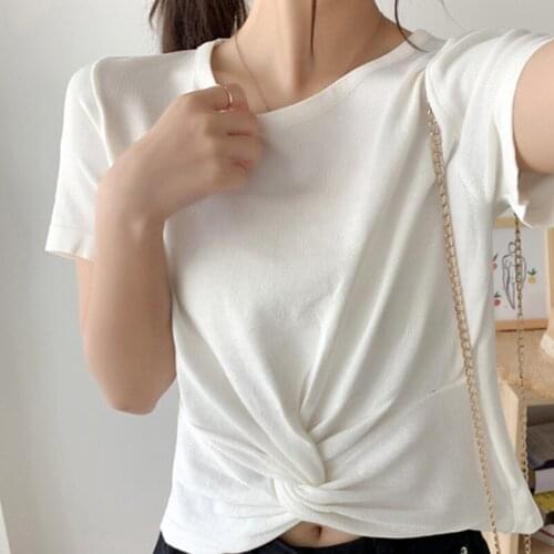 Fashion Solid Color All-match Short-sleeved Knitted T-shirt Womens Short Loose High Waist Knotted Top
