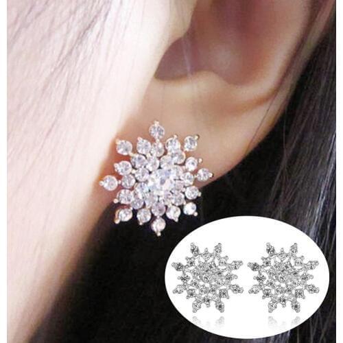 Fashion Women Stud Earrings Rhinestone Snowflake Ear Stud Earrings Sliver Color Jewelry Christmas Gift