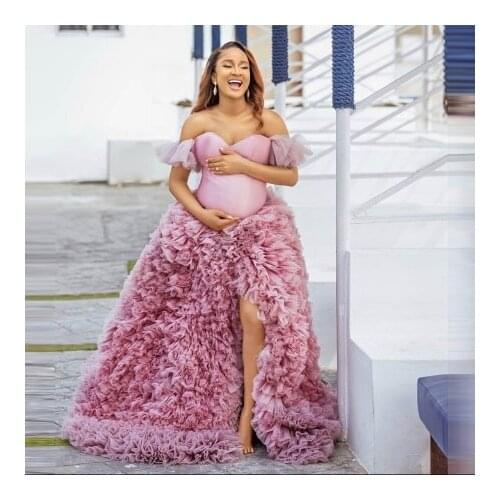 New Arrival Puffy Maternity Dresses Cap Sleeves Satin Strapless Ruffles Pleated Front Slit Extra Puffy Bridal Pregnancy Gown