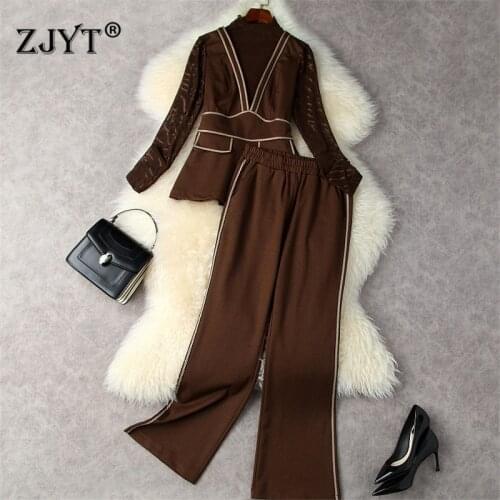 Autumn Winter Womens Trousers Suits Fashion Long Sleeve Mesh Patchwork Top and Pants Two Piece Set Ensemble Femme Ropa Mujer