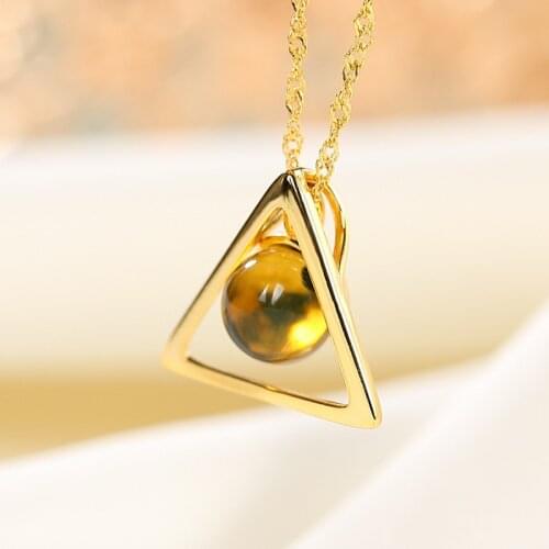 Real 925 Sterling Silver Gold-plated Natural Mexican Blue Amber Necklace Personality Temperament Triangle Chain Pendant Jewelry