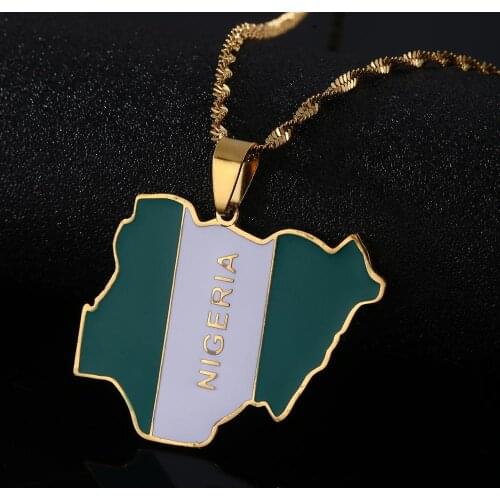 Stainless Steel Trendy Enamel Nigeria Map Flag Pendant Necklaces Nigerian Map Chain Jewelry