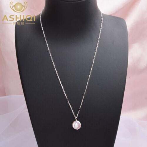 ASHIQI 12-13mm Big Natural Button Freshwater Pearl Necklace Pendant 925 Sterling Silver Jewelry Fashion Gift for Women