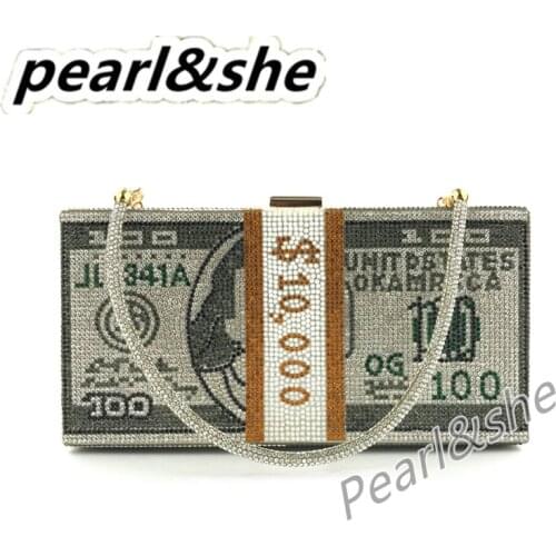 Pooflower Rhinestone Money Clutch Purse for Women Evening Bags Stack of Cash Dollar Designer Diamond Wedding Party Handbag ZH370