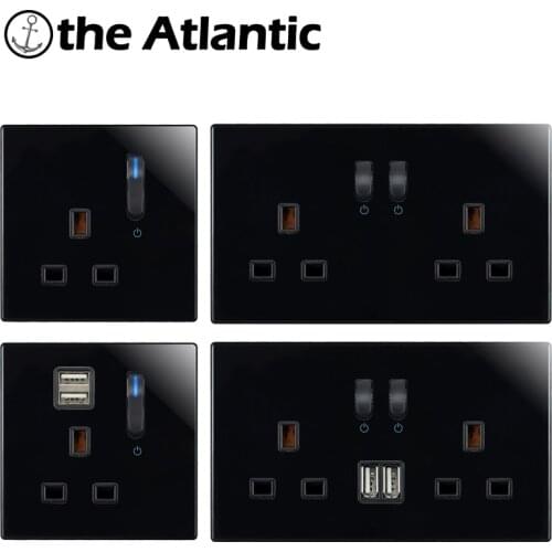 13A UK Plug Power Socket With USB Charger Wall Outlet Double Outlet Piano Key Switch Black Glass Singapore Ireland Malta Socket