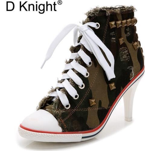 Pumps 2021 Sexy Spring Shoes High-top Lace-up High-heeled Cowboy Camouflage Women Ankle Boots Canvas Rivet Student Shoe Big Size