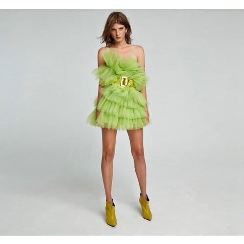 Green Classic Women Dresses Young Lady Strapless Ruffles Tulle Ribbon Trim Mini Skirts Colors Custom Made
