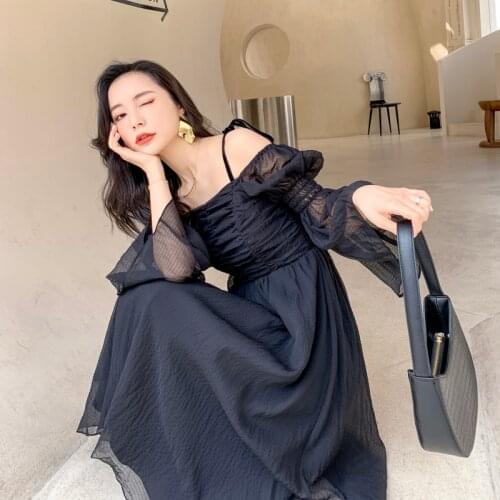 Vintage Lantern Sleeve High Waist Camisole Dress Sexy Black drape Off-Shoulder Chiffon Dress Temperament Princess Summer 2021