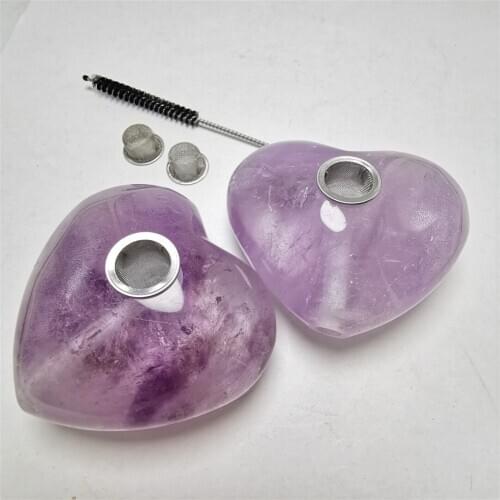 65-75mm Natural Quartz Pipe Smoking Pipe Amethyst Heart ShapeTreatment Gem With Metal Filter Wholesale Price 1PC