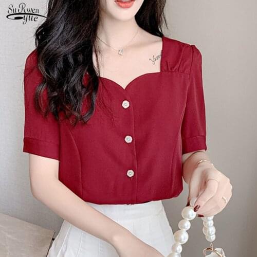 Blusas Summer 2021 Womans Shirts Short Sleeve Tops Blouse Sweet Chiffon Blouse Wine Red Korean Solid All-match Clothing 10052