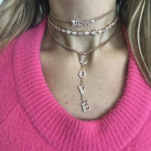 Wide Curb Cuban link chain women choker lariat multi layer necklace Gold rose gold Love letter girlfriend gift jewelry