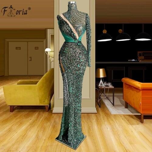 Illusion Lace Beaded Emerald Green Evening Dresses High Neck One Shoulder Rhinestones Sexy Party Prom Gowns Robe De Soiree