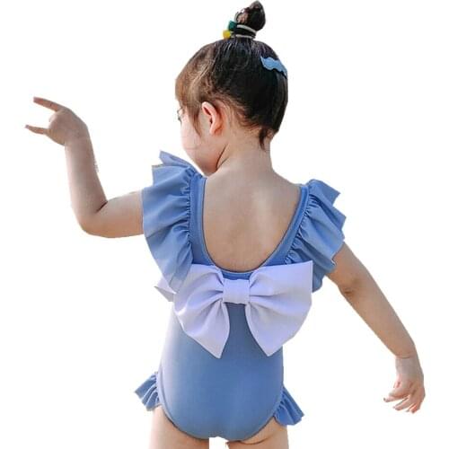 Summer Girl Blue Swimwear Solid Color Kids One-piece Pink Newborn Beachwear Cute Infant Clothing with Ribbon