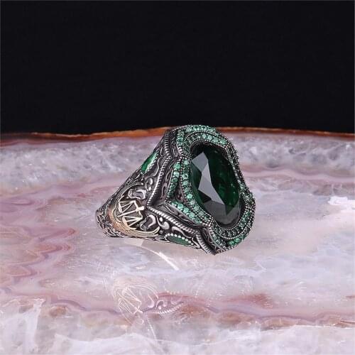 Green Glass Stone 925 Sterling 925 K Silver Men 'S Ring