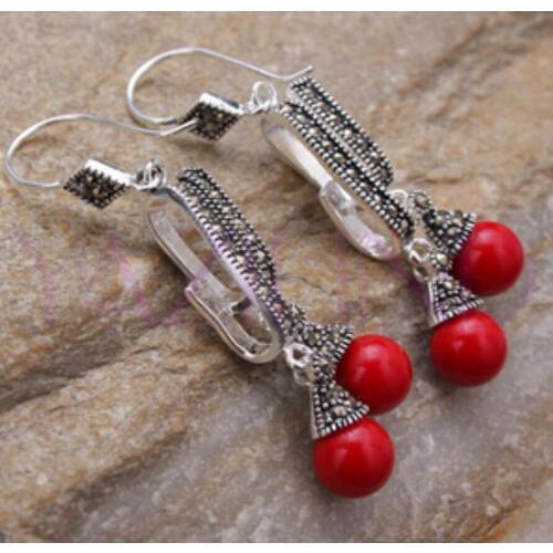 New Elegant tibet silver round bead cluster coral earrings Natural stone 925 Sterling Silver wedding jewelry earrings