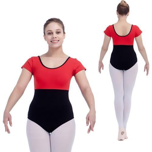 Retail Wholesale Red with Black Cotton/Lycra Short Sleeve Two-tone Tank Dance Leotard for Ladies and Girls
