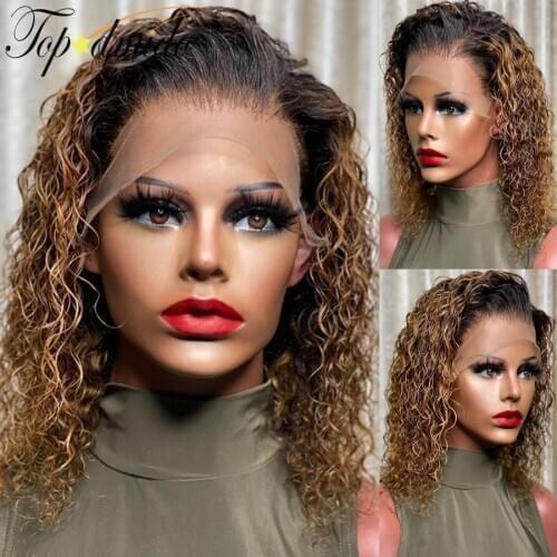 Topodmido 13x6 Honey Blonde Curly Short Brazilian Hair Lace Front Wigs Remy Hair Lace Front Human Hair Bob Cut Wigs 150% Density