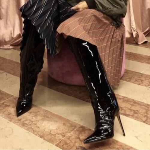 Sexy Black Mirror Leather Knee High Boots Pointed Toe Irregular Calf High Heel Tight High Boots Fashion Celebrating Shoes