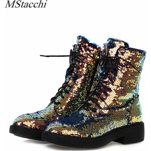 MStacchi Sexy Short Boots For Women Round Toe Sequin Cloth Side Zipper Outdoors Shoes Thick Bottom Chunky Heel Mid-calf Botas