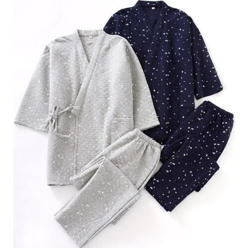 Japanese Kimono Pajamas Autumn And Winter MenS Thick Long-Sleeved Air Cotton Three-Layer Warm Quilted MenS Home Service Suit