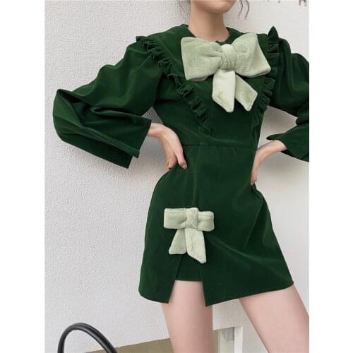 Christmas red new year party velvet bow retro green princess cheongsam dress children spring and winter French dresses